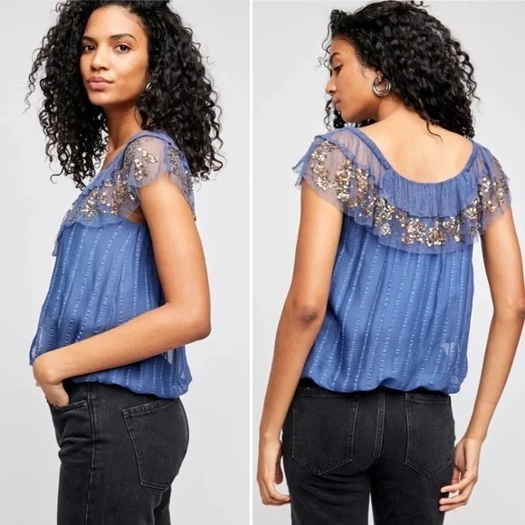Free People Elisas Off the Shoulder Gold Sequin Blue Top XS SAMPLE - Picture 2 of 15